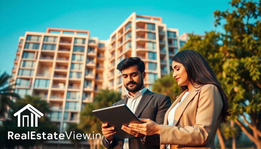 A modern apartment building with floor-to-ceiling windows, surrounded by lush greenery and a clear blue sky. In the foreground, a well-dressed couple examines a tablet, discussing their financial plan for a property investment. The scene is bathed in warm, natural lighting, captured through a wide-angle lens to showcase the grandeur of the building and the couple's thoughtful deliberation. The mood is one of optimism and anticipation, reflecting the exciting prospect of investing in India's thriving real estate market. The logo "RealEstateView.in" is subtly incorporated into the image, highlighting the trusted guidance and resources available for prospective property buyers. A modern apartment building with floor-to-ceiling windows, surrounded by lush greenery and a clear blue sky. In the foreground, a well-dressed couple examines a tablet, discussing their financial plan for a property investment. The scene is bathed in warm, natural lighting, captured through a wide-angle lens to showcase the grandeur of the building and the couple's thoughtful deliberation. The mood is one of optimism and anticipation, reflecting the exciting prospect of investing in India's thriving real estate market. The logo "RealEstateView.in" is subtly incorporated into the image, highlighting the trusted guidance and resources available for prospective property buyers.