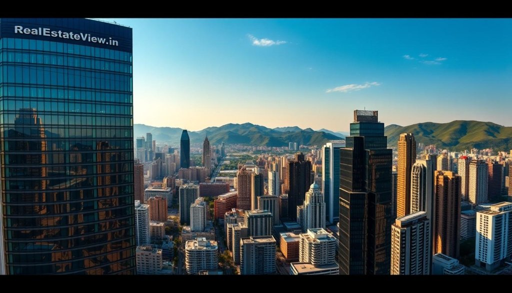 A panoramic aerial view of a modern, skyscraper-filled cityscape, bathed in warm, golden afternoon sunlight. In the foreground, a large, imposing office building with the prominent "RealEstateView.in" logo stands tall, its sleek glass facade reflecting the city. The middle ground is dotted with various residential and commercial properties, each with their own distinctive architectural styles. In the background, a range of verdant, rolling hills rises up, providing a natural contrast to the urban landscape. The overall scene conveys a sense of dynamic growth, strategic planning, and innovative real estate investment opportunities. A panoramic aerial view of a modern, skyscraper-filled cityscape, bathed in warm, golden afternoon sunlight. In the foreground, a large, imposing office building with the prominent "RealEstateView.in" logo stands tall, its sleek glass facade reflecting the city. The middle ground is dotted with various residential and commercial properties, each with their own distinctive architectural styles. In the background, a range of verdant, rolling hills rises up, providing a natural contrast to the urban landscape. The overall scene conveys a sense of dynamic growth, strategic planning, and innovative real estate investment opportunities.