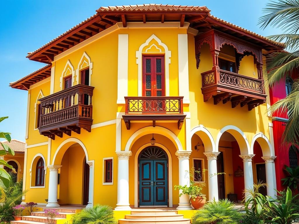 Colorful Goan-Portuguese villa with ornate balconies and tropical garden Colorful Goan-Portuguese villa with ornate balconies and tropical garden