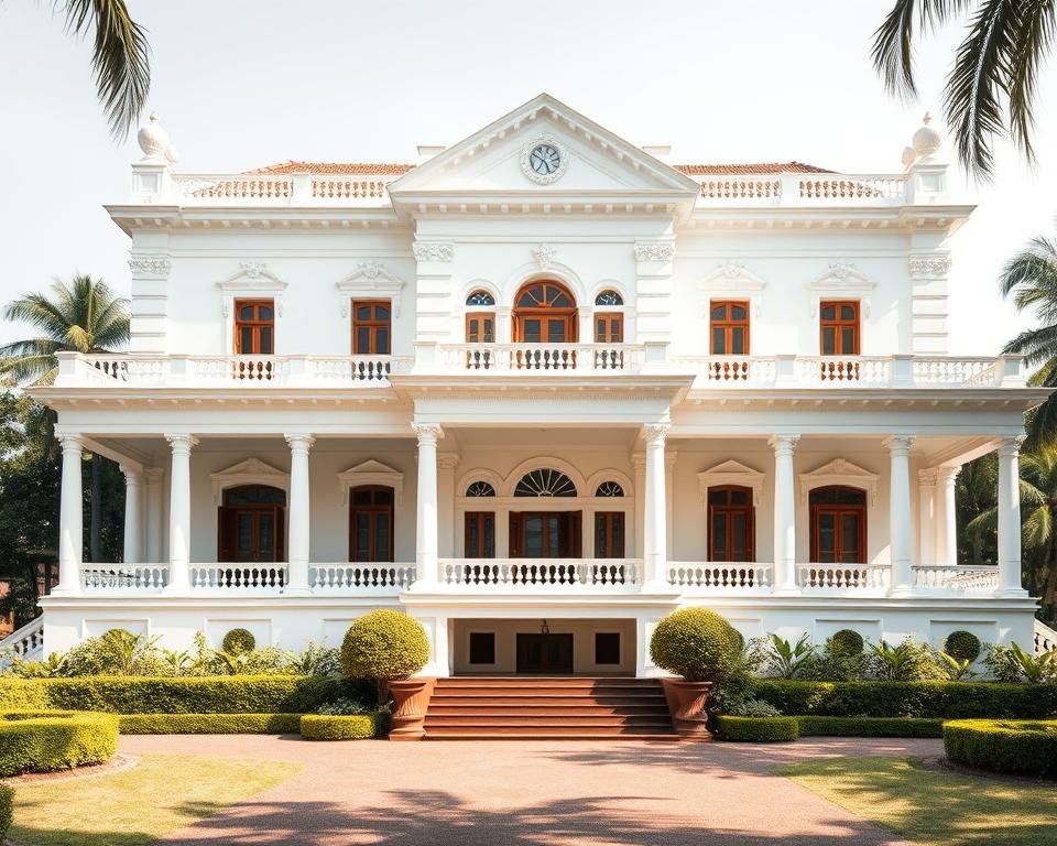 Elegant Bengali colonial mansion with columned verandah and symmetrical design Elegant Bengali colonial mansion with columned verandah and symmetrical design