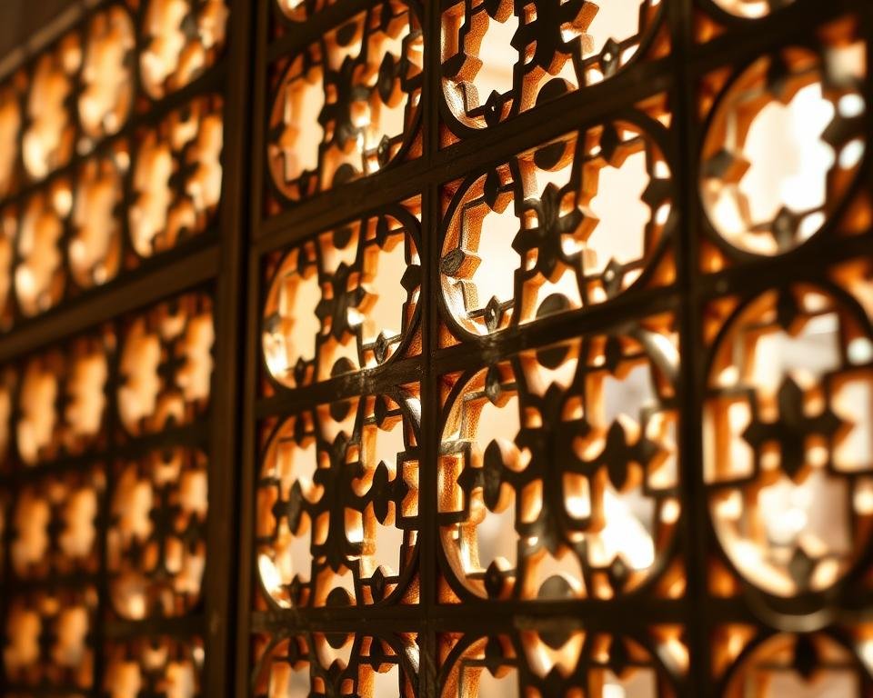 Intricate jali work in stone creating beautiful light patterns in an Indian home Intricate jali work in stone creating beautiful light patterns in an Indian home