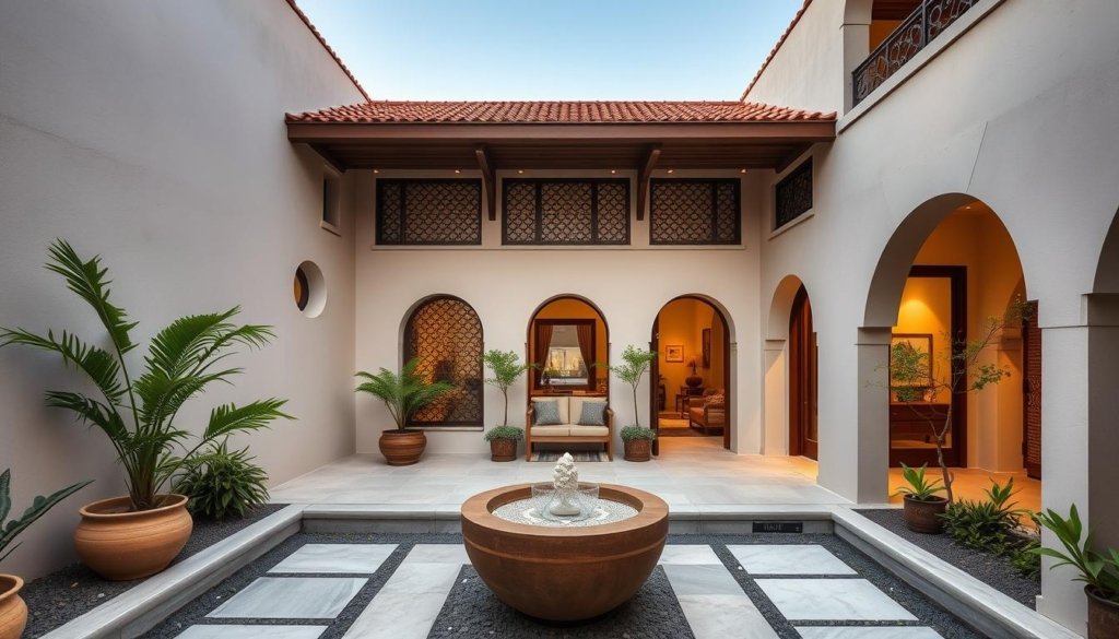 Modern home with Indian-inspired design elements including courtyard and traditional crafts Modern home with Indian-inspired design elements including courtyard and traditional crafts
