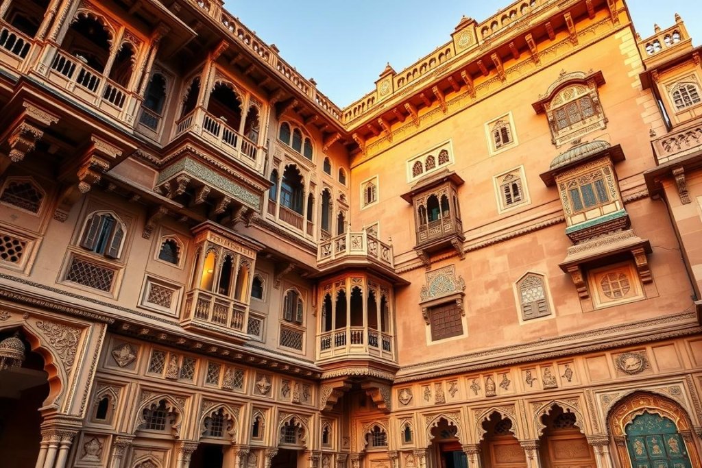 Ornate Rajasthani haveli with intricate jharokhas and colorful frescoes in Jaipur Ornate Rajasthani haveli with intricate jharokhas and colorful frescoes in Jaipur