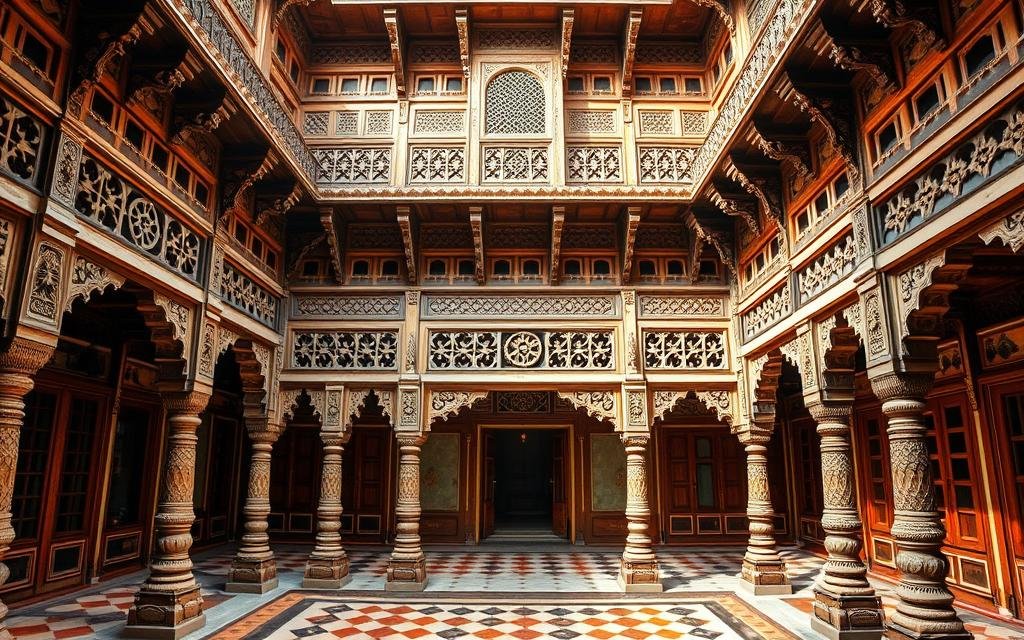 Traditional Gujarati haveli with wooden carved facade and colorful courtyard Traditional Gujarati haveli with wooden carved facade and colorful courtyard